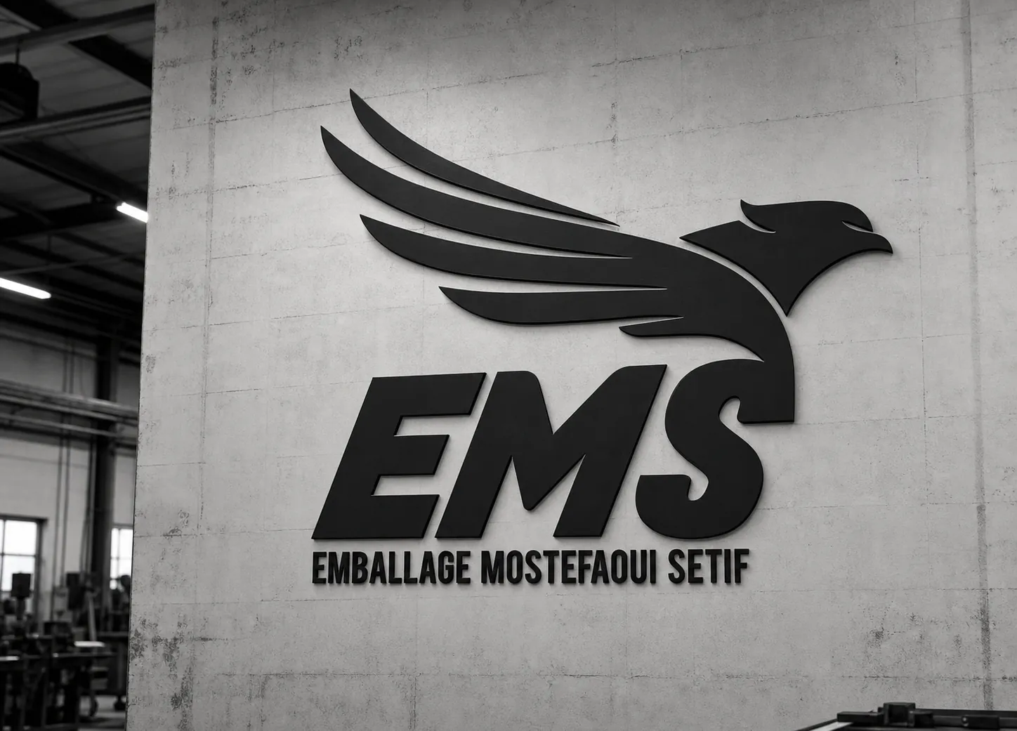 Logo EMS sur mur d'usine, Emballage Mostefaoui Sétif
